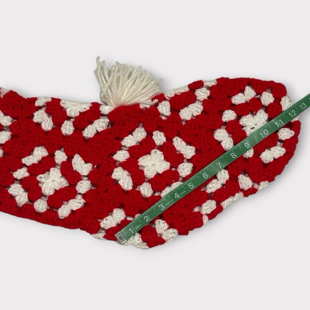 Handmade Crochet Christmas Stocking Granny Square Style Red White Pompom Bell - Picture 5 of 7